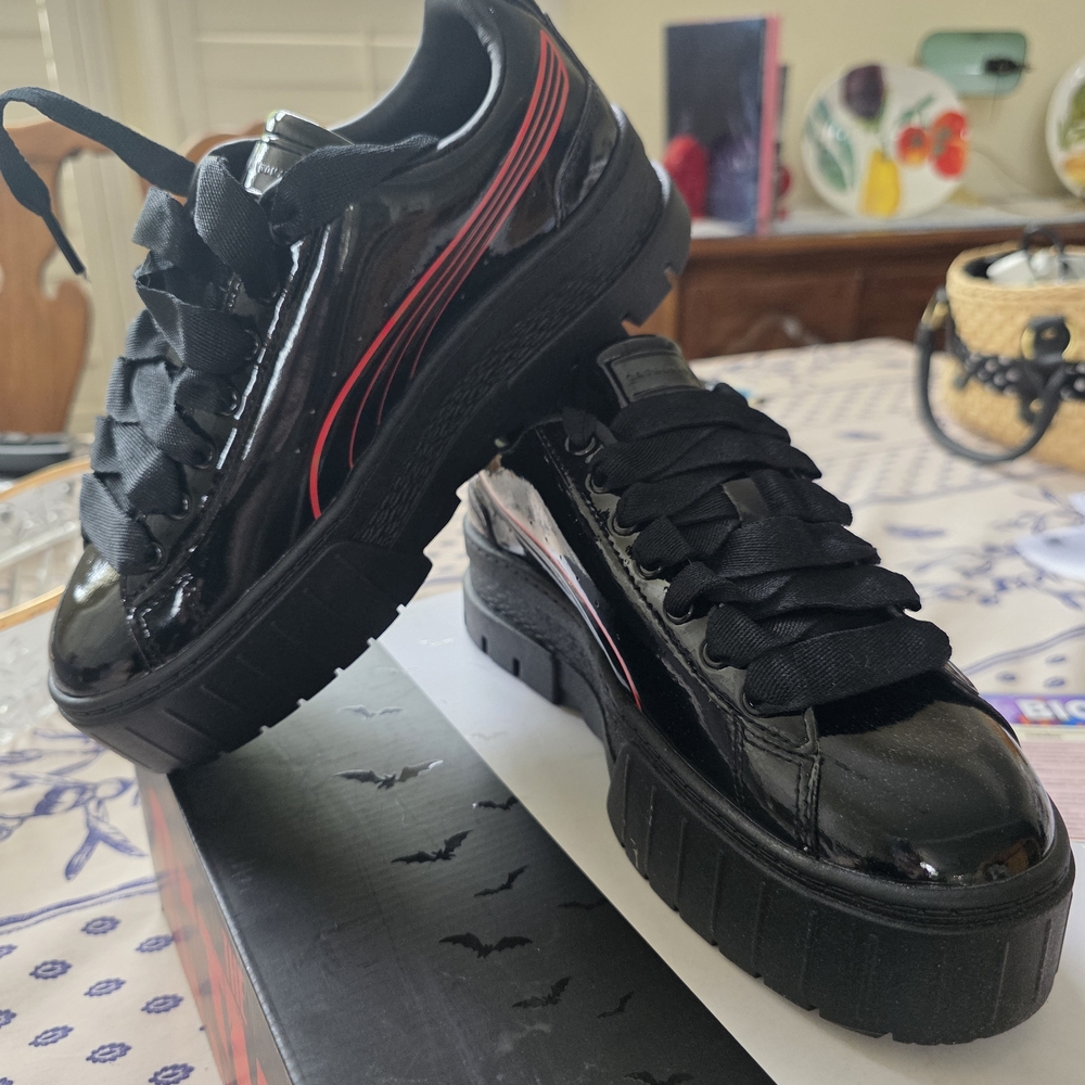 Puma Black Patent Platform Sneakers with Red Accent